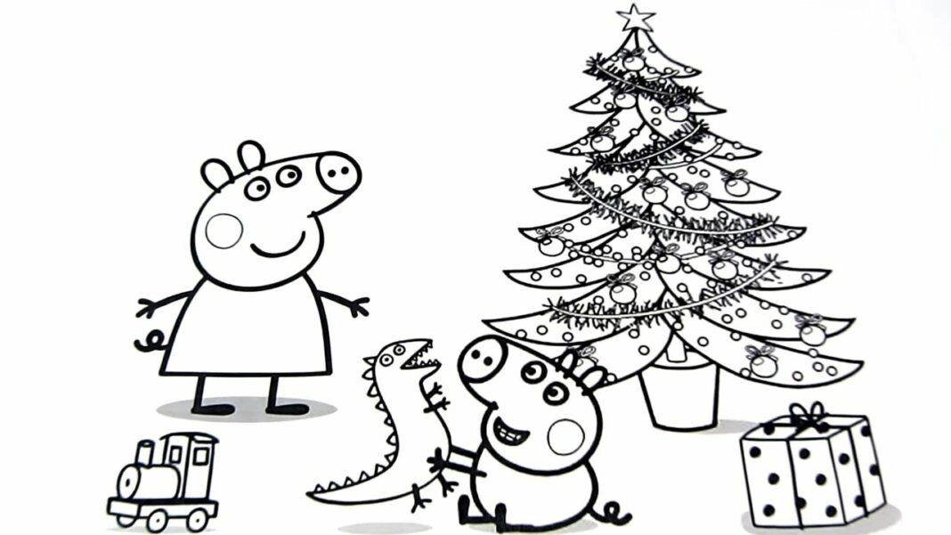 Coloring page Peppa is dressing the Christmas tree